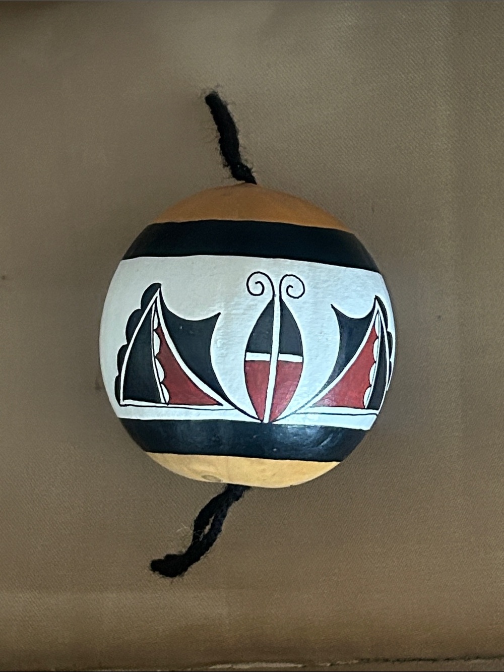 Hand-Painted Decorative Gourd in Black, White & Rust Red